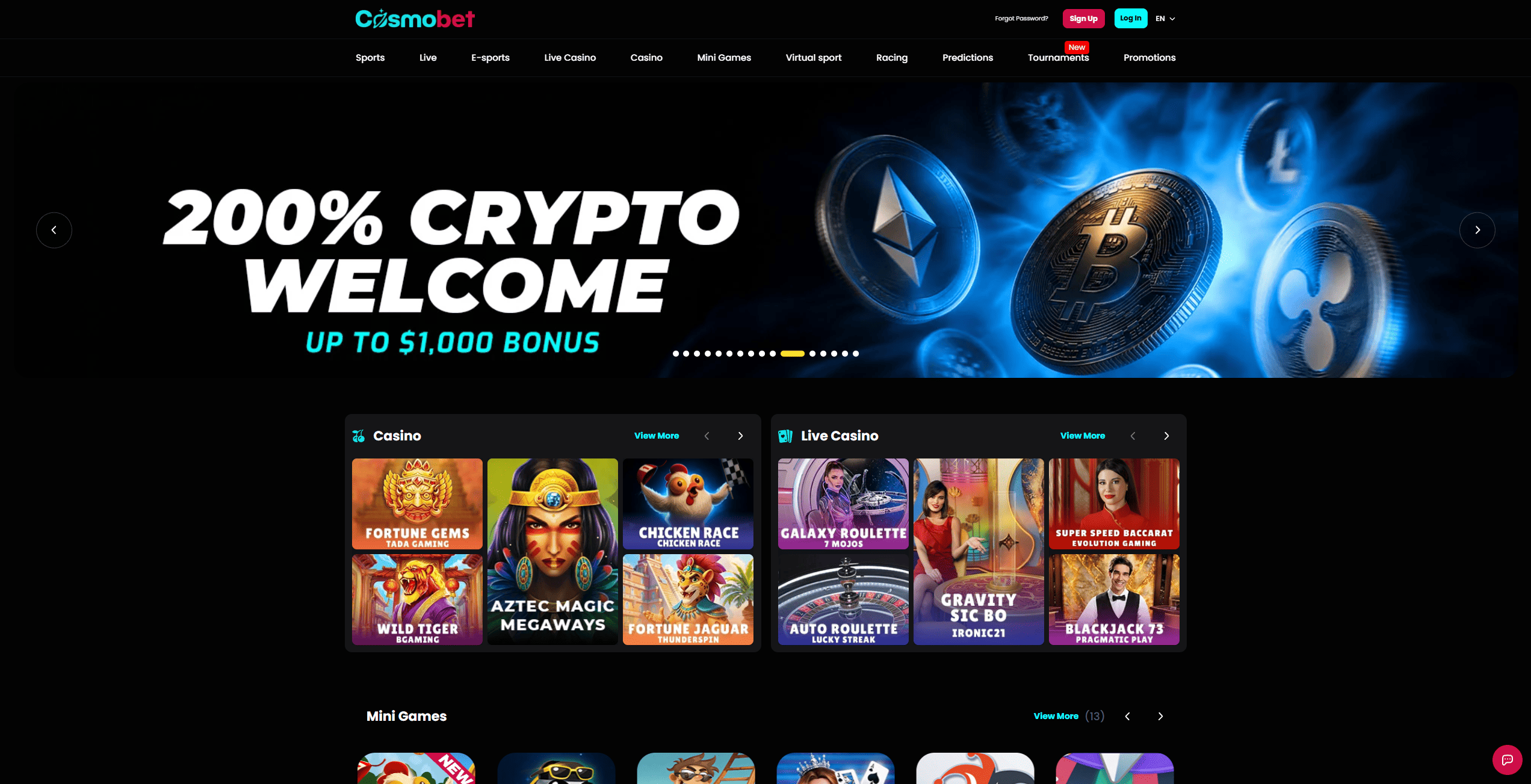 Screenshot of the Cosmobet Casino website